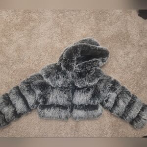 Stylish Faux Fur Crop Jacket - Black and Gray